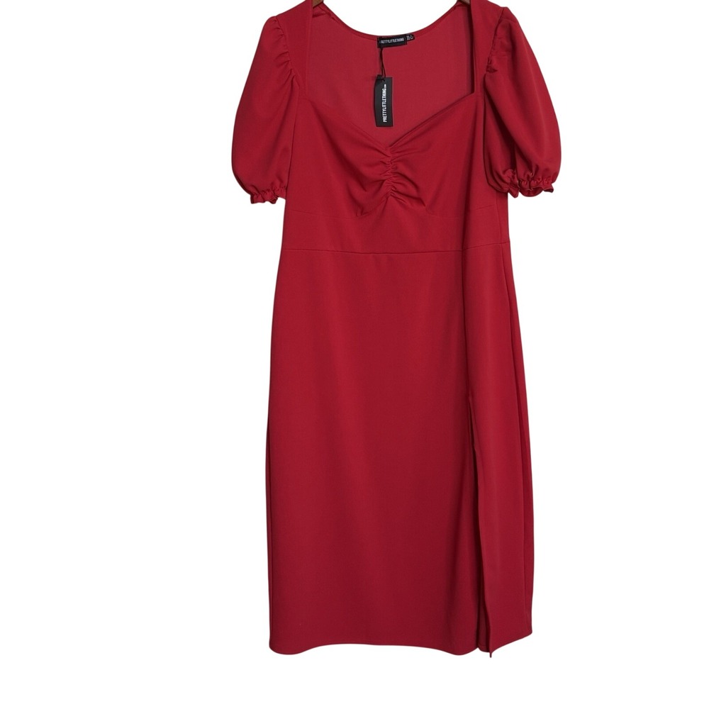 PRETTYLITTLETHING Women's Red Ruched Puff Sleeve Midi Dress 14 Party